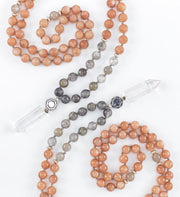 mala beads, mala necklace, peach moonstone, grey moonstone